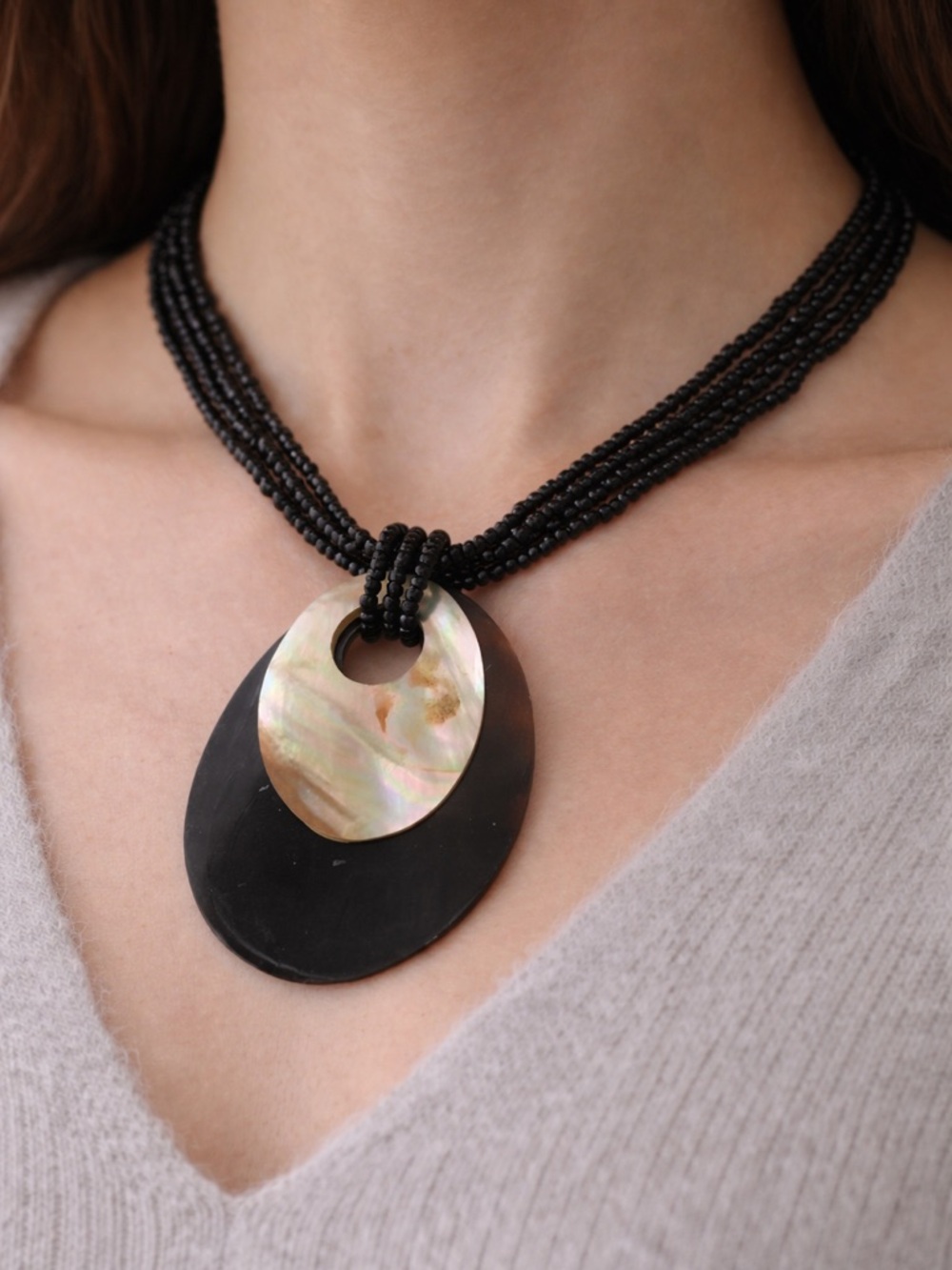 Midnight Black Beaded Necklace White Abalone Shell Pendant Statement Boho 16”